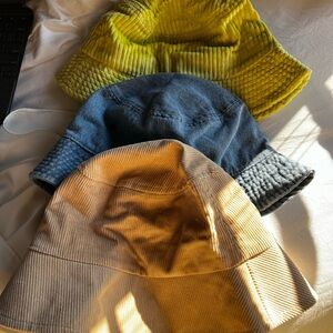 Set of Three Bucket Hats - Yellow, Blue, and Tan